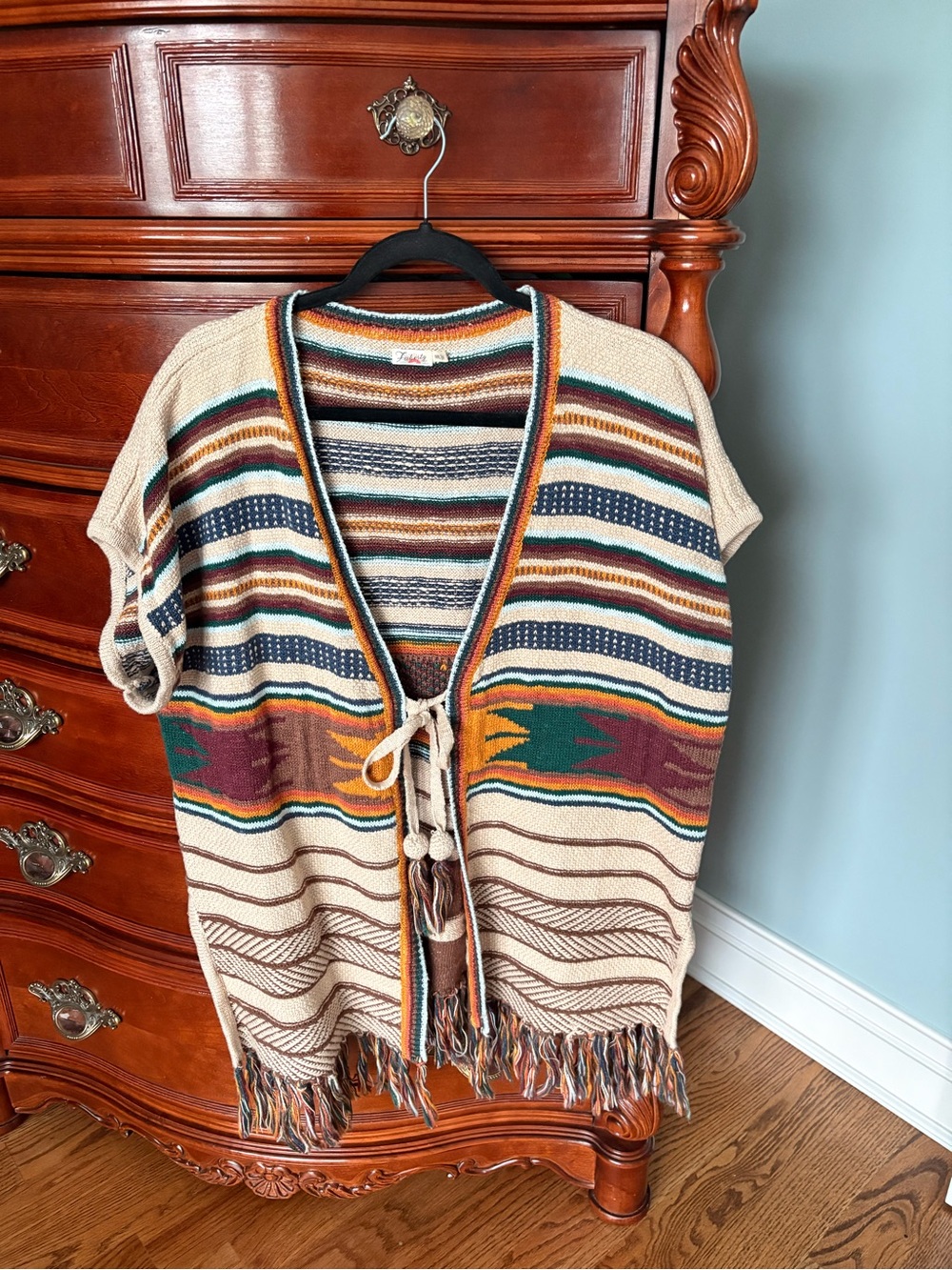 Classic Faherty Beige Striped Knit Sweater Vest with Fringe
